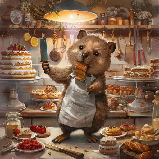 The quokka baker decorating cakes in a sweet-smelling bakery