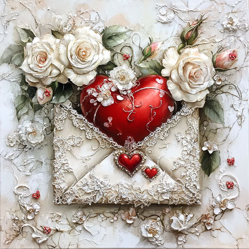 Valentine's Day diamond painting with envelope and white roses