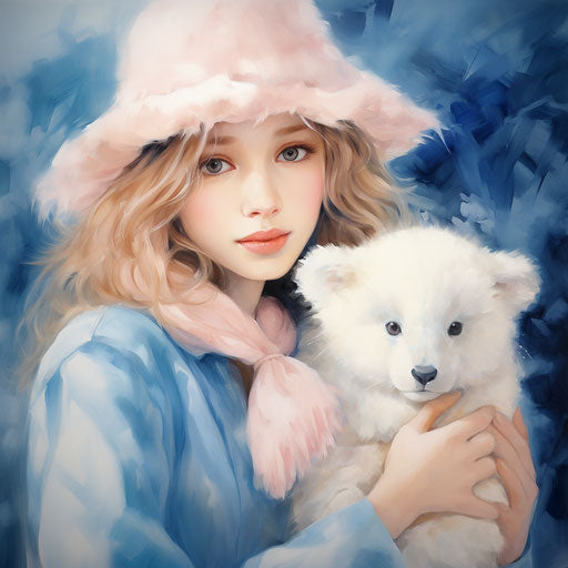 Girl with white bear and blue hat
