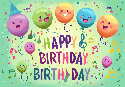 Greeting card with smiling emojis, balloons and music notes