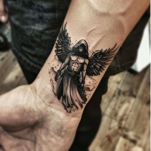 Small wrist tattoos of a dark angel, in the style of Gerald Brom