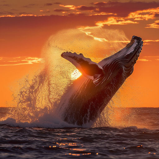 Blue whale leaping with dramatic splash at sunset