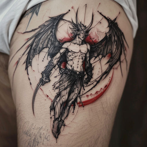 Bold flat tattoo sketch of Lucifer with dramatic black and red contrasts