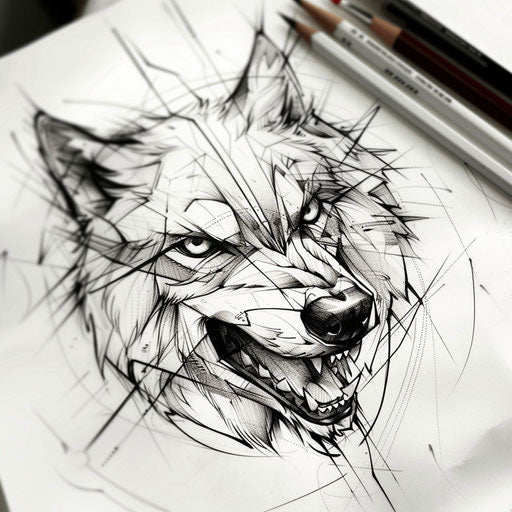 Contemporary tattoo sketch of a lobo with minimalist aesthetic and bold outlines