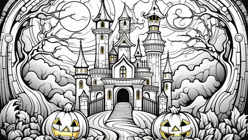 Halloween coloring pages for kids in the castle, in the style of Bella Kotak