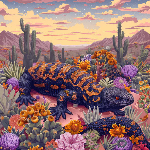 Gila monster with vibrant desert flora
