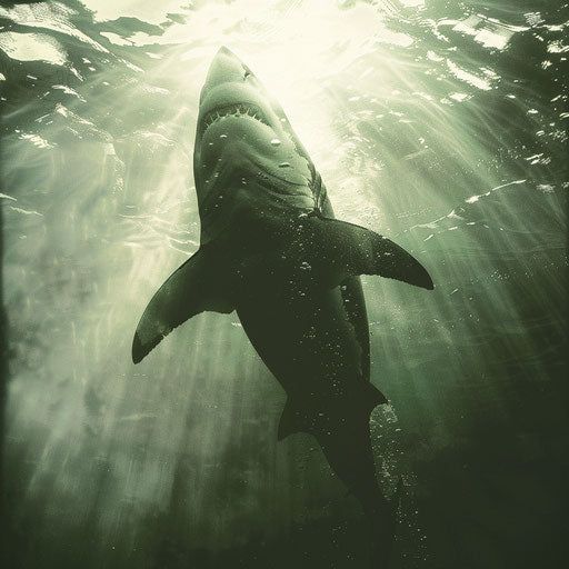 Silhouette of a big white shark against sunlit water