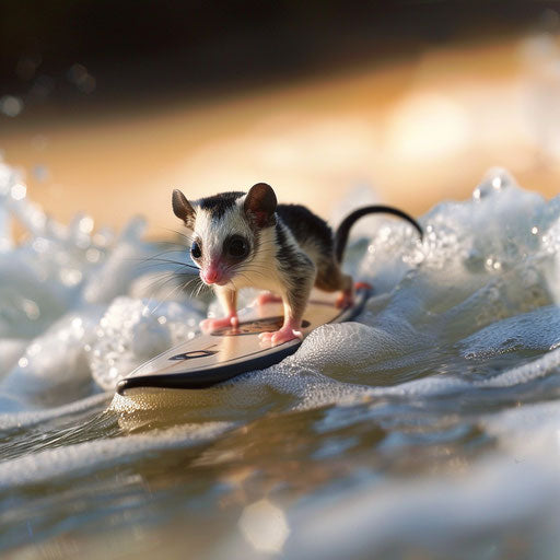 A sugar glider on a tiny surfboard, riding waves at the beach