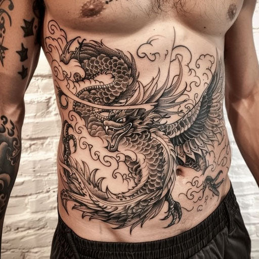Phoenix stomach tattoos for men, in the style of Ami James