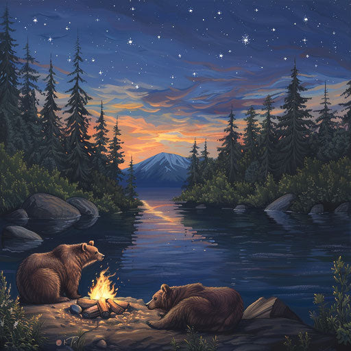 Bears by campfire under the stars