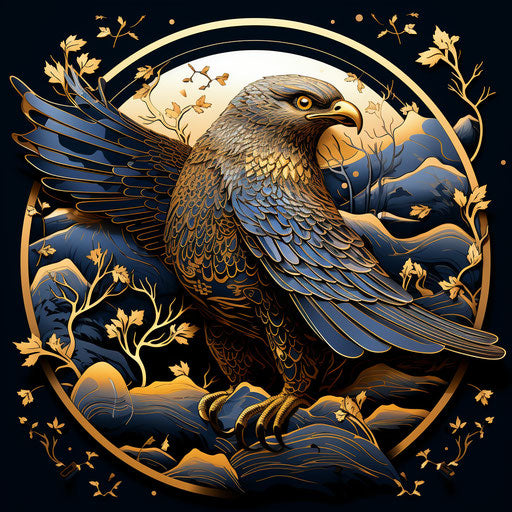 Hand drawn hawk illustration, surreal style, golden light