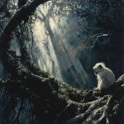 Serene encounter among ancient roots and piercing sunbeams