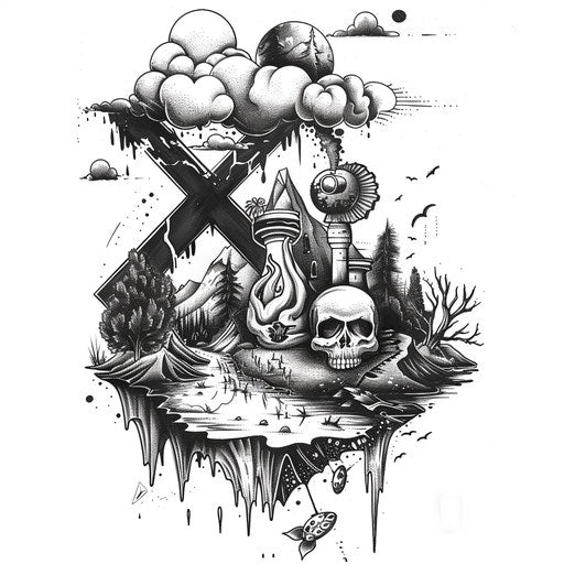 Surreal XO tattoo sketch with dreamlike imagery and surreal landscapes