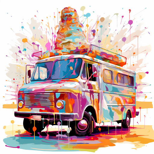 Ice cream truck in Impressionistic Art style, on white background