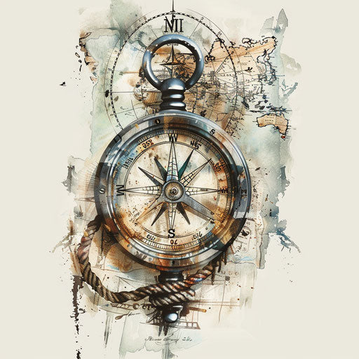 Nautical compass and map navy tattoo, vintage tones on white