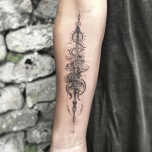 Women's forearm tattoos in Peter Jackson style with Elvish script