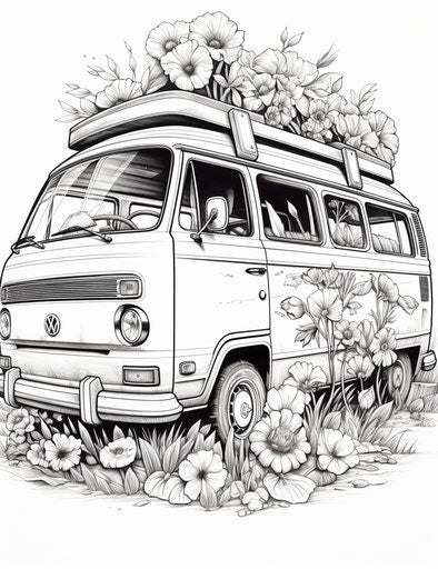 Floral van, Jim Mahfood style, detailed, hyperrealism, 1970s, Kelly Vivanco, sharp inking, solarization