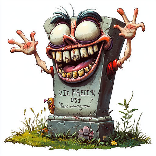 Humorous caricature of a gravestone with human characteristics
