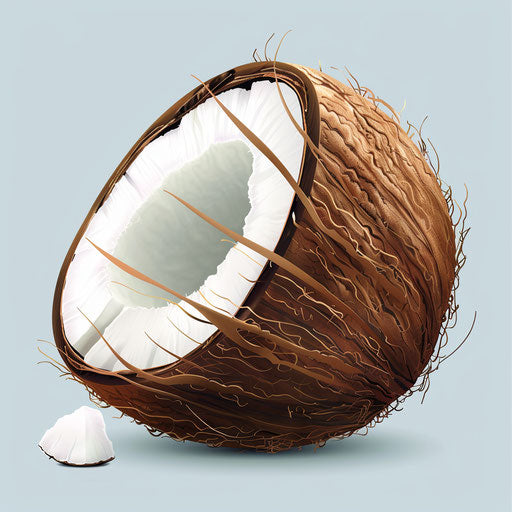 Coconut clipart in photo realistic style with a flat blue background, soft focus and light texture