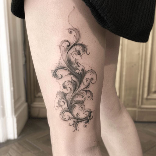 A smoke tattoo in a baroque pattern, in shades of gray, elegantly on white background
