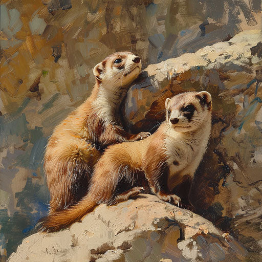 Two black-footed ferrets grooming on a warm, sunny rock