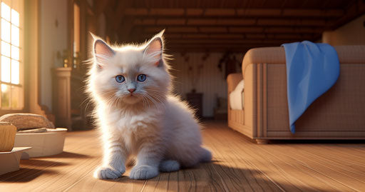 Captivating gaze on a kitten in a teddy bear, light beige and blue, petcore 19:10