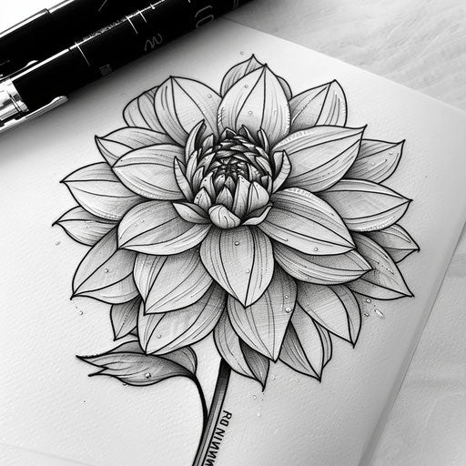 Monochrome dahlia tattoo sketch with detailed line art