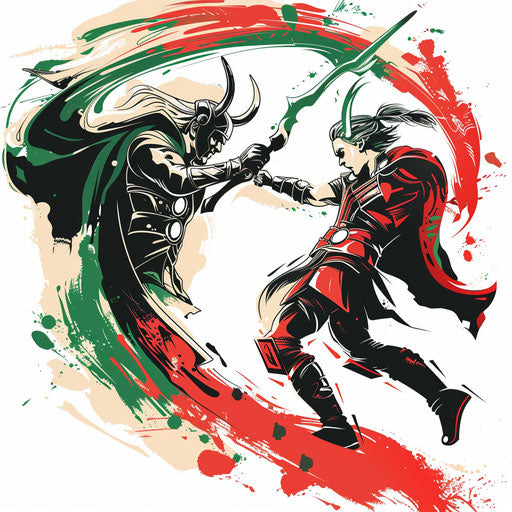 Dynamic Tattoo Sketch of Thor Clashing with Loki