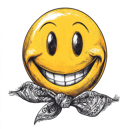 Flat tattoo sketch of smiling face with bandana on white