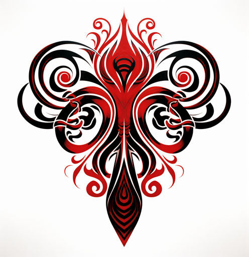 Stylized tribal design with red and black lines