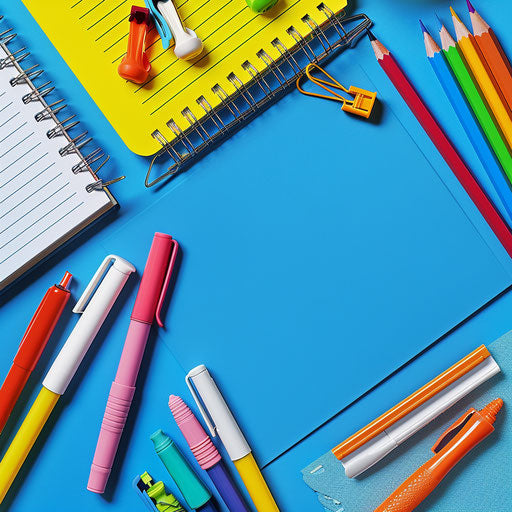 Stationery clipart in photorealistic style with flat random background, high contrast and saturated hues