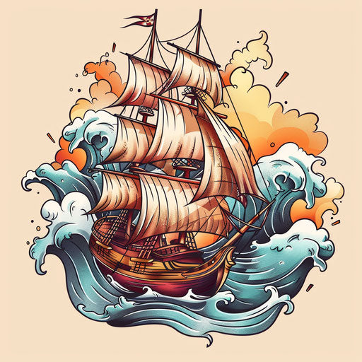 Old ship with full sails in stormy sea