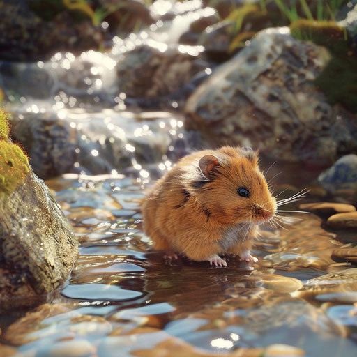 Syrian hamster by a clear stream