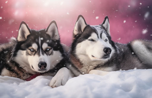 Sled dogs lying in the snow, dark maroon and light blue style