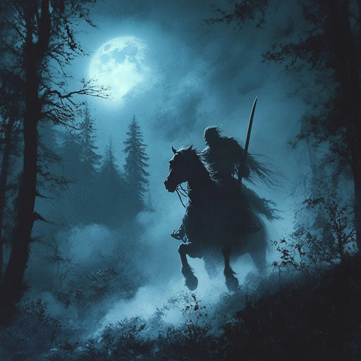 Headless rider in dark forest, full moon shining