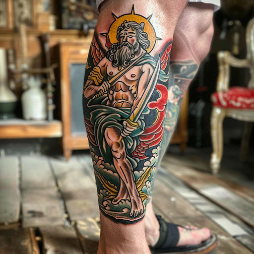 Divine tattoo with sailor motifs, Sailor Jerry style