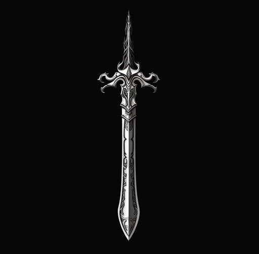 Black and white cartoon sword in gothic, tachist, energetic style 100:99