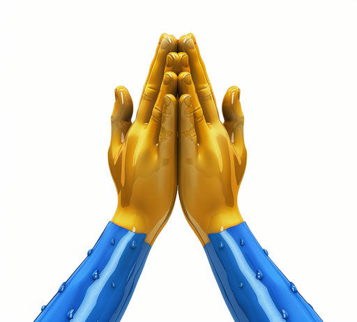 Prayer hands emoji yellow skin blue sleeve white background