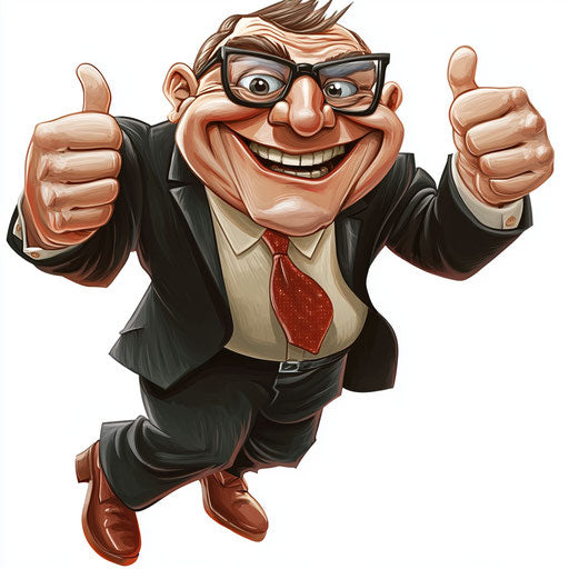 Humorous caricature of a government clipart with human characteristics, exaggerated expressive eyes, small feet, dancing, vibrant colors, cartoon style, thumbs up, high resolution, no background, isolated