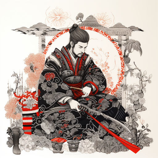 Samurai drawing, digital art, whimsical line work style, watercolor