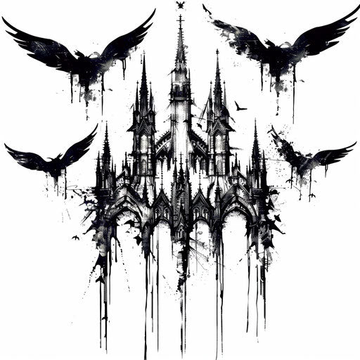Gothic cathedral with flying gargoyles, dark and moody tattoo design on white background