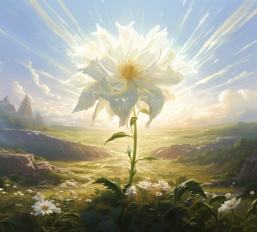 White flower in green field, sun-soaked colors, shiny, sunrays