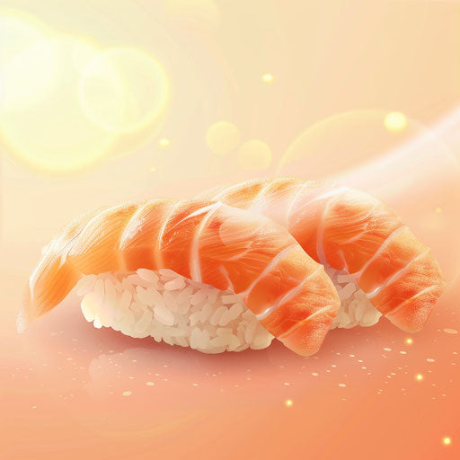 Sushi illustration in photo realistic style with a flat random background, ethereal glow and soft edges