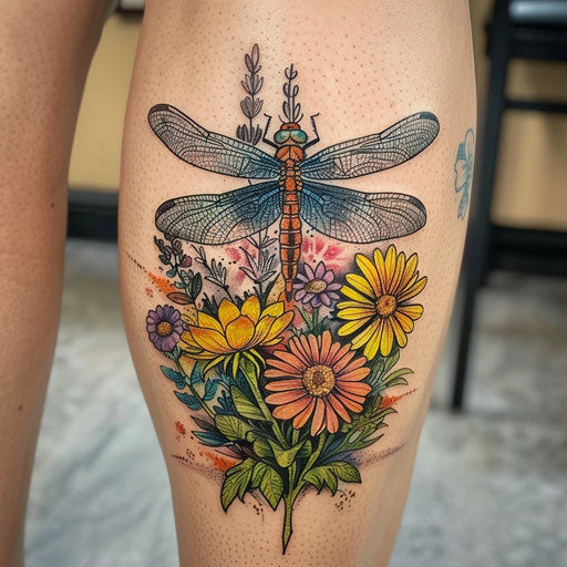 Wildflower tattoo with dragonfly, vibrant colors