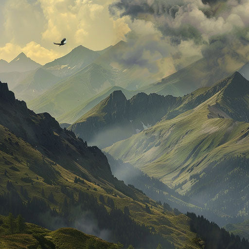 The Carpathian Mountains with an eagle soaring above, in the style of Peter Holme III
