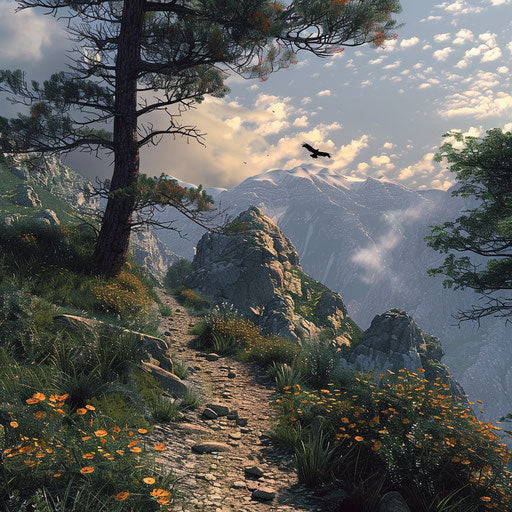 Mountain trail with eagle soaring, Peter Holme III style