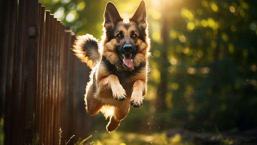 German shepherd dog running towards a fence