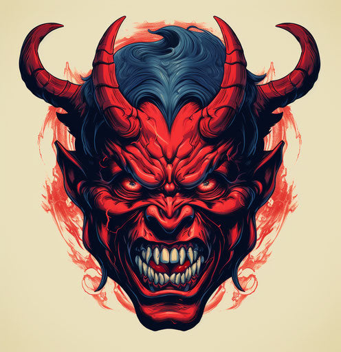 Devil's head with wings, exaggerated caricature style, sharp teeth, red and navy, striking facial expression