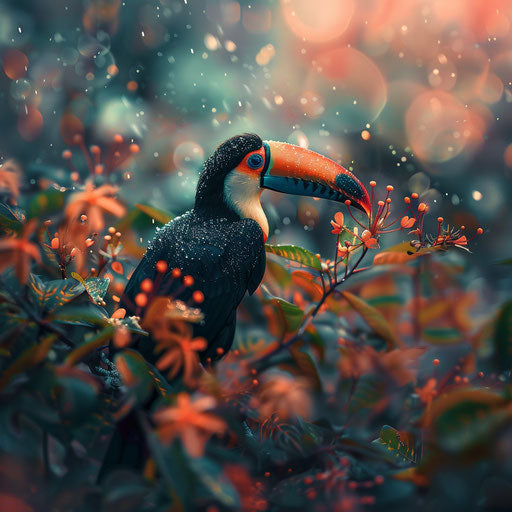 Toucan surrounded by dew-covered plants