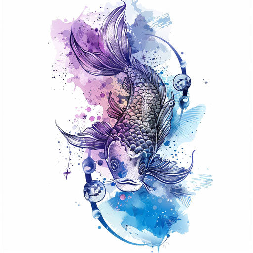 Pisces constellation in flat tattoo sketch with blues and purples